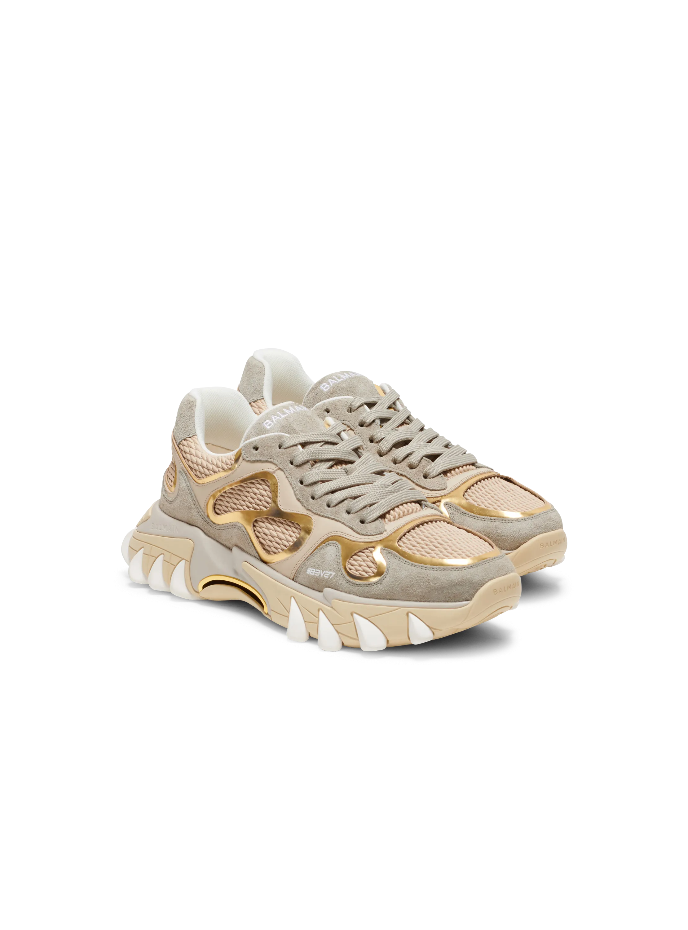 BALMAIN  Basket b-east en cuir, suede et mesh - Doré