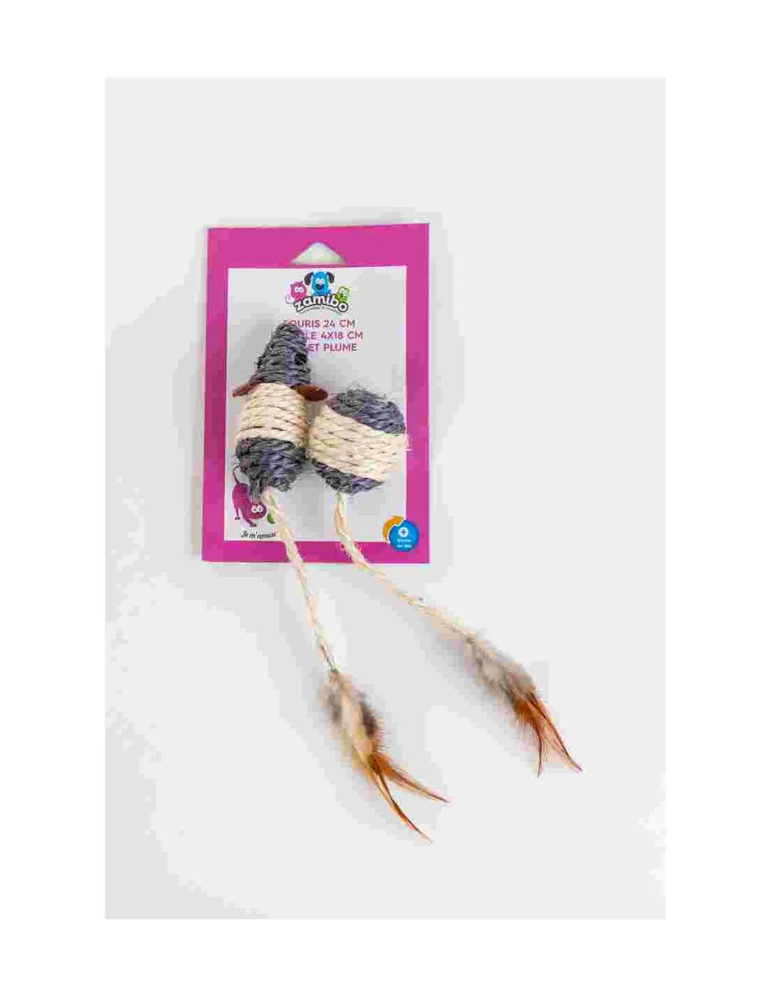 Jouets chat souris 24 cm et balle 4x18 cm, sisal et plume, gris blanc