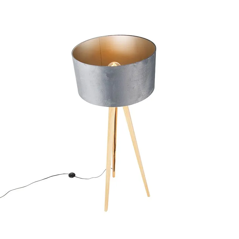 Lampadaire bois avec abat-jour en tissu gris 50 cm - Tripod Classi