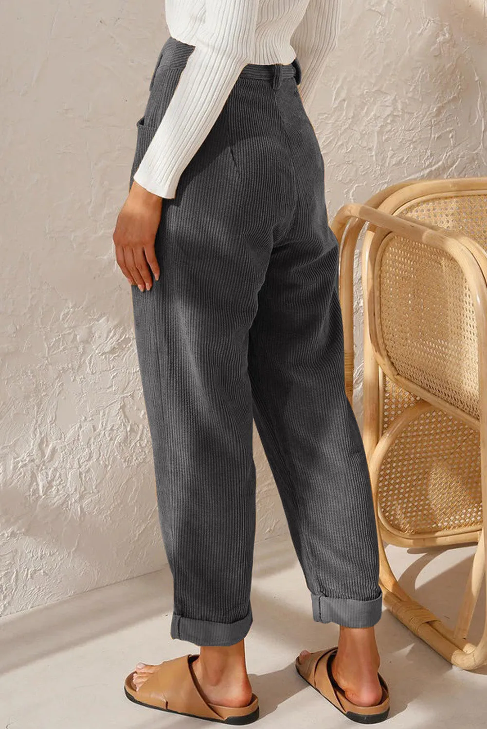 Pantalon droit taille haute en velours ctelé gris