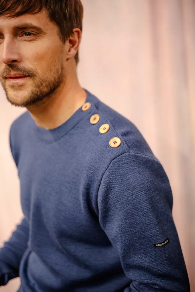 Pull marin Bono bleu denim boutons bois